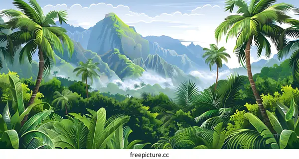 Tropical Rainforest Landscape With Lush Greenery and Mountain Peaks