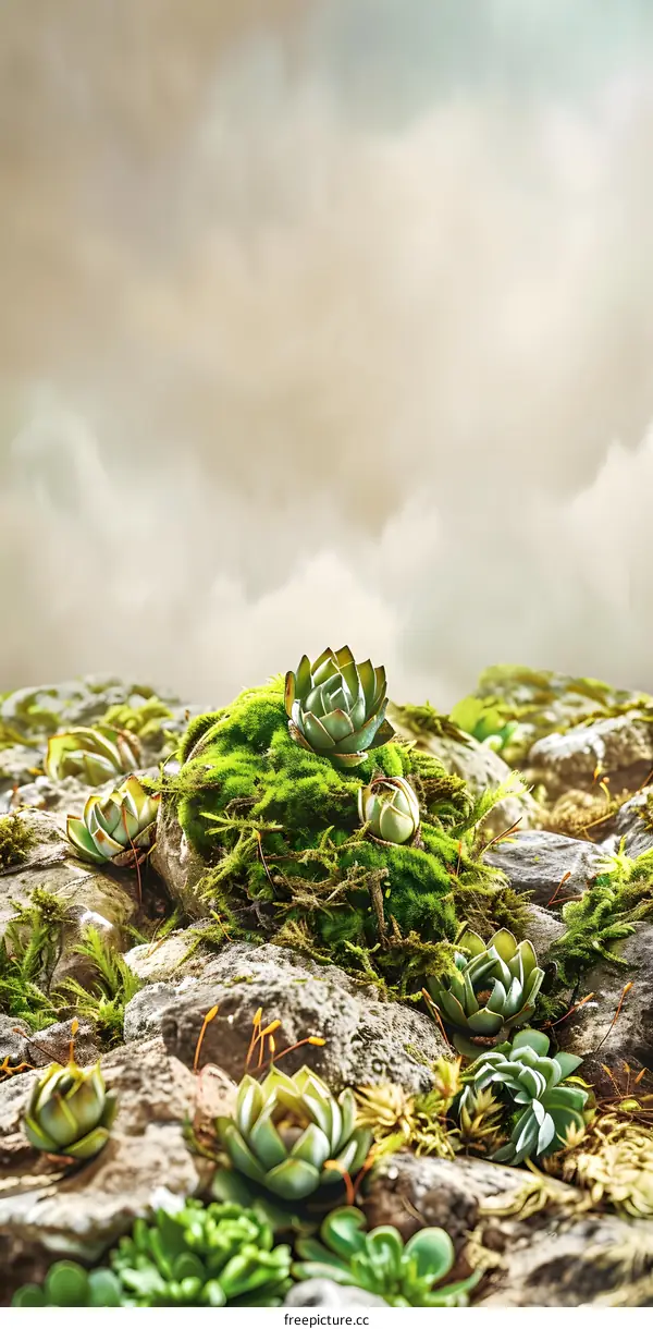 Green Succulents on Rocks with Cloudy Sky Background