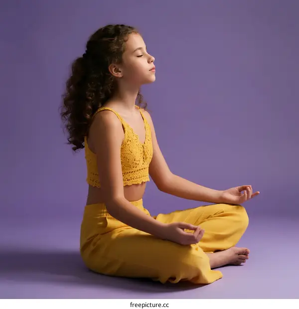 Young girl sitting cross-legged in meditative pose with eyes closed