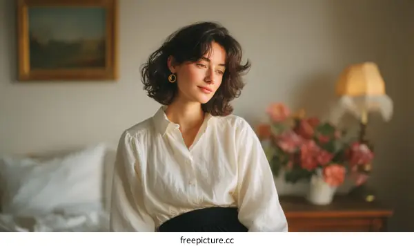 Woman in a Cream Linen Shirt  Beautiful Interior Scene