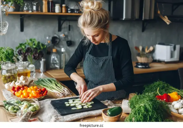 Woman Cooking Healthy Food in Kitchen