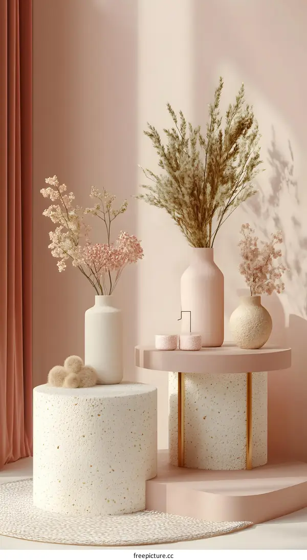 Minimalist Home Decor with Dried Flowers and Vases