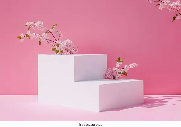 Pink Background with White Display and Cherry Blossoms
