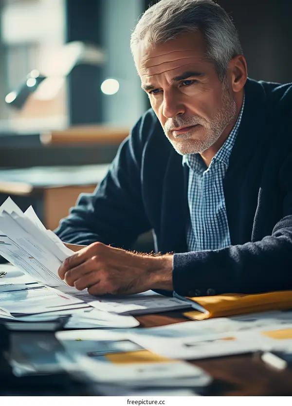 Serious Mature Man Reading Papers at His Desk