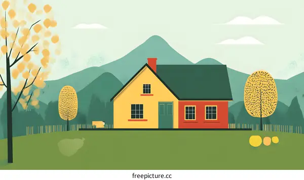 Illustration of a Yellow and Red House in a Mountainous Landscape