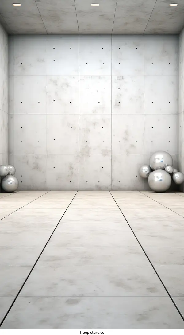 3D rendering of empty concrete room with spheres