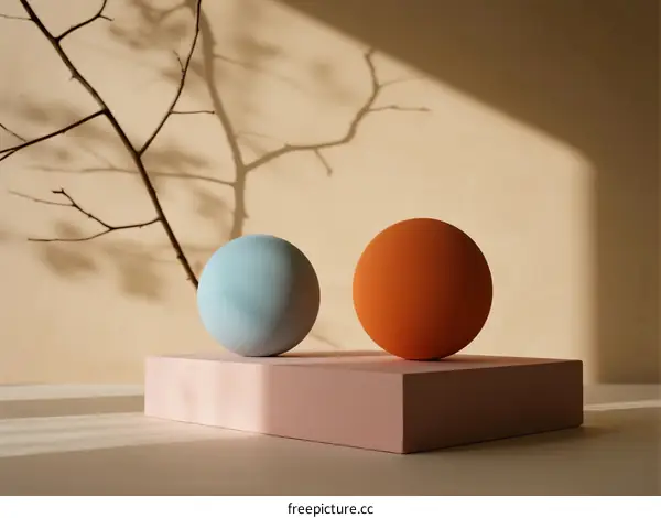Two Colored Balls on Pink Platform with Tree Branch Shadow