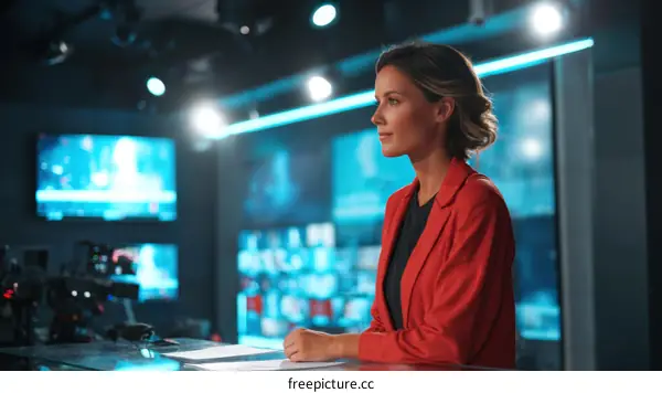 Female News Anchor in Modern Broadcast Studio