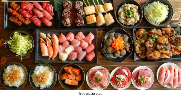 Japanese Food Spread with Seafood, Meat and Rice