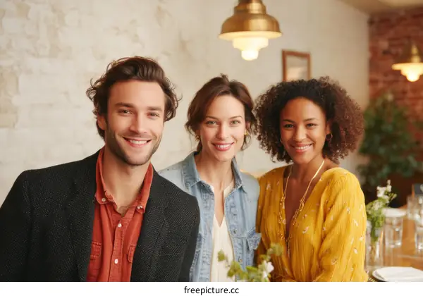 Friendly Conversation in a Cafe Three Diverse People