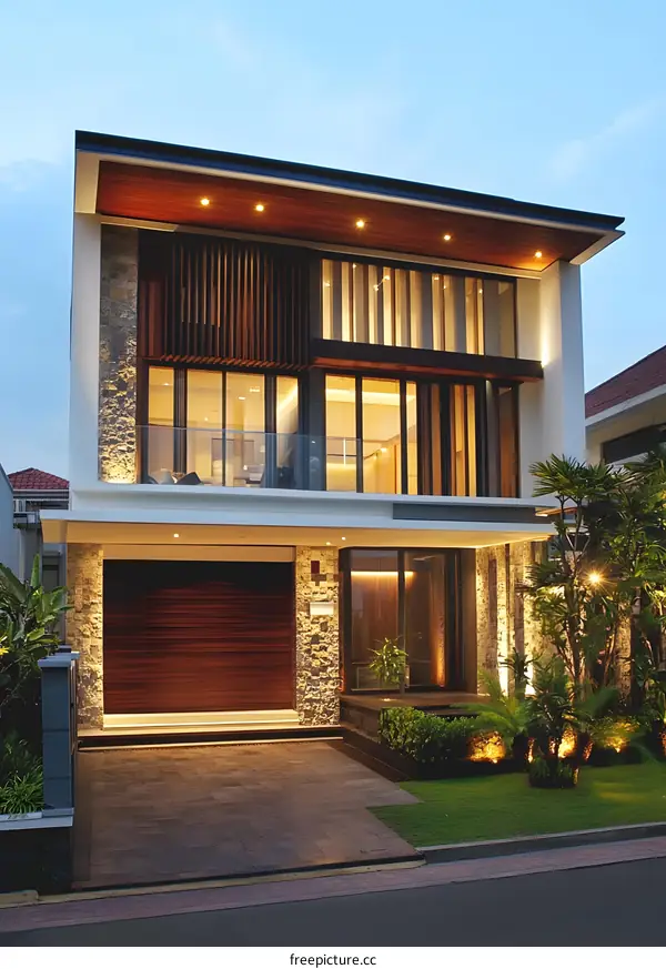 Modern Two Story House With Stone Facade and Wooden Accents