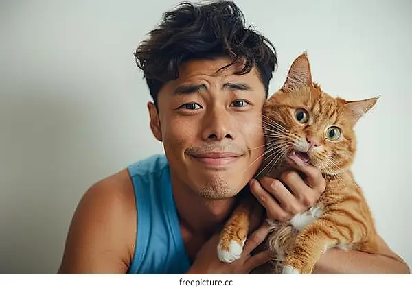 A ginger cat and a man with a surprised expression on his face