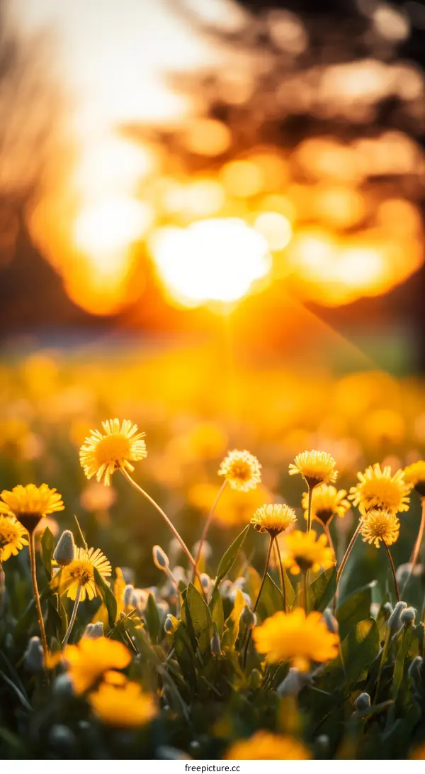 Close-up of yellow dandelions in a field at sunset