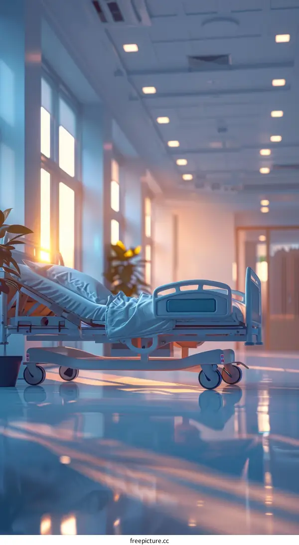 An empty hospital bed sits in a hallway with windows in the background