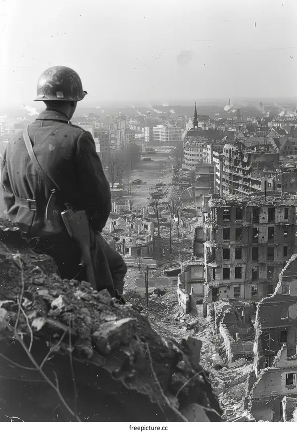 A soldier sits on a pile of rubble overlooking a destroyed city