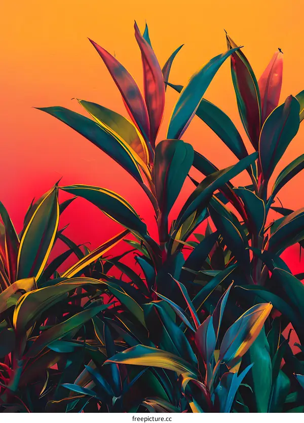 Tropical Leaves With Orange and Red Background