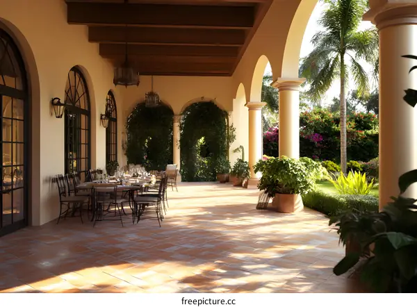 Mediterranean Style Patio With Arched Entrance