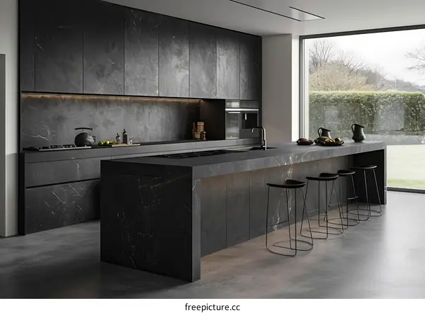 Black and White Kitchen with Island and Bar Stools