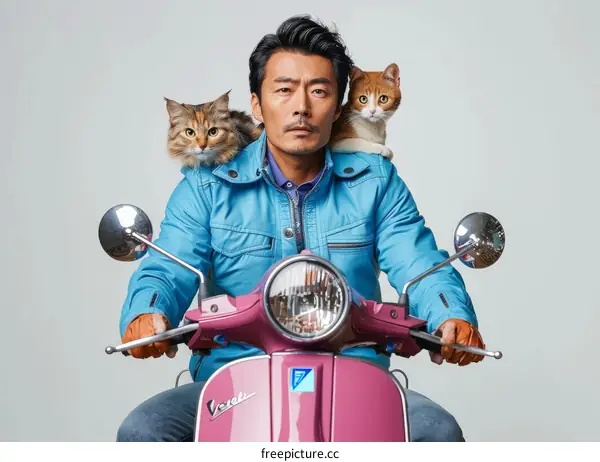 Takeshi Kaneshiro poses with cats on a motorcycle