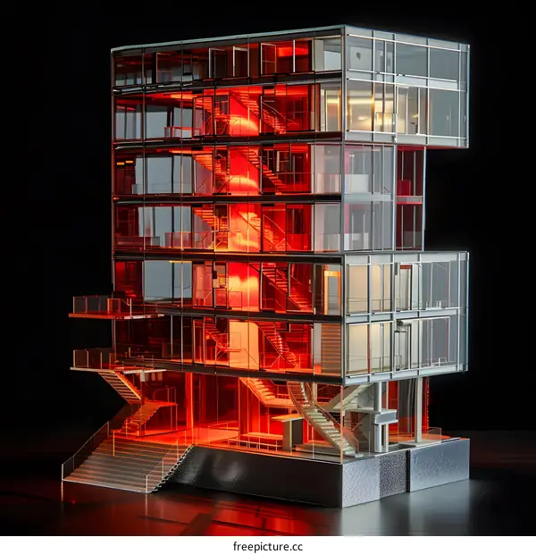 Red Light Illuminated Glass Building Model