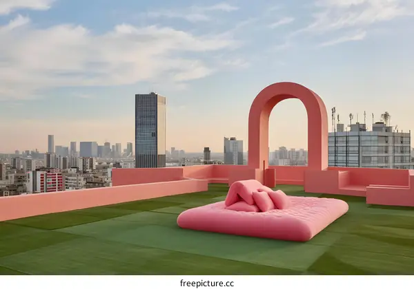 Pink Rooftop Terrace with City Skyline and Arch