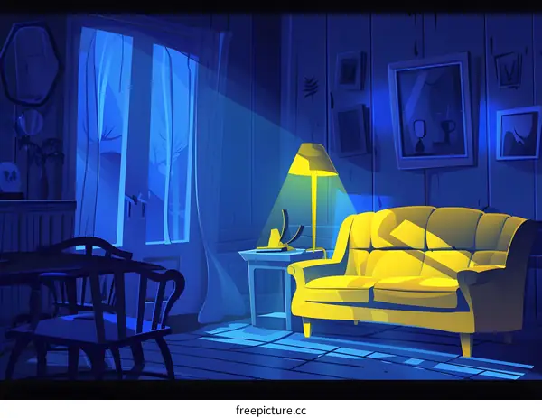 Nighttime Living Room Interior With Yellow Sofa