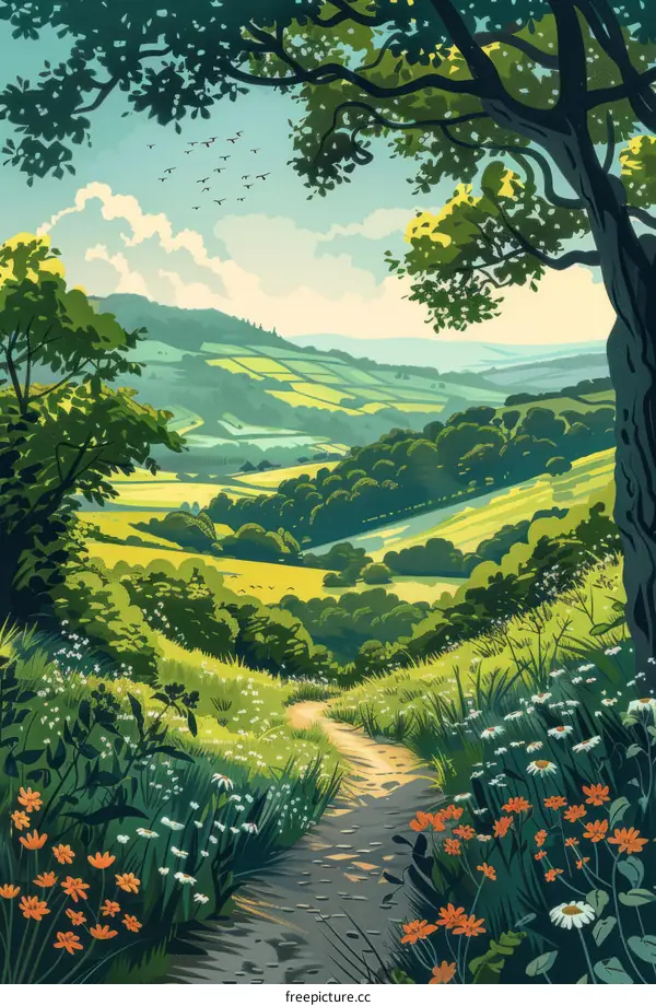 Countryside landscape with rolling hills and a footpath through a meadow