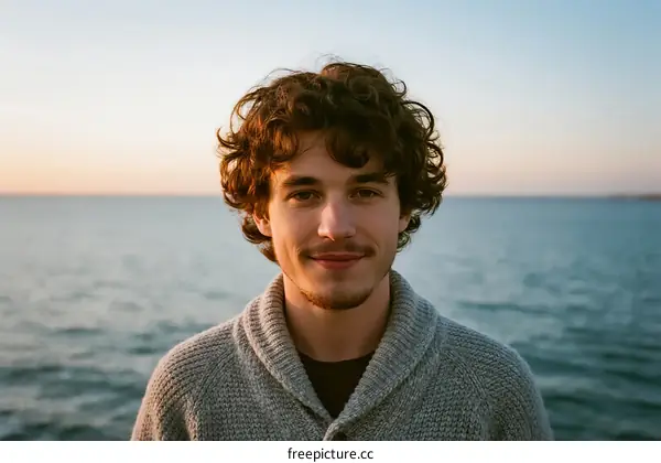 Young man with curly hair standing by the sea at sunset
