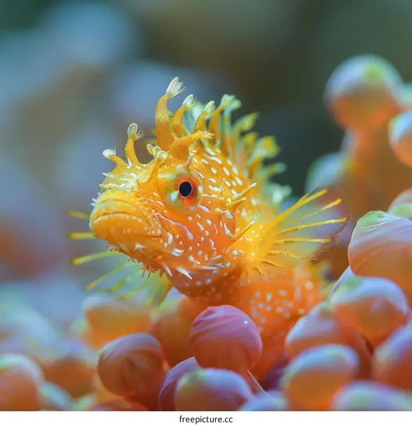 Yellow Pygmy Seahorse on Colorful Coral Reef