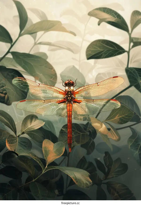 A Red Dragonfly Perched on a Leaf in a Garden