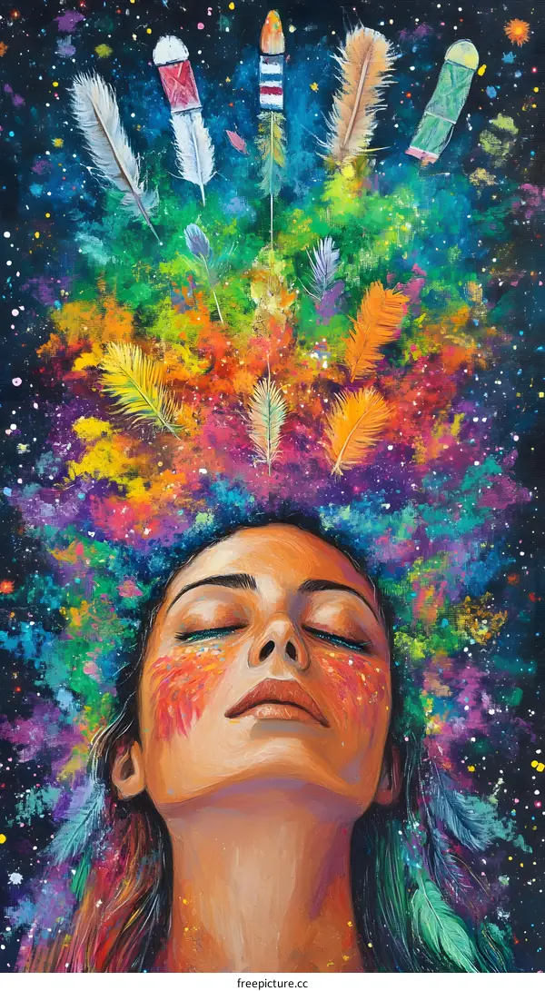 Woman with Colorful Feathers in Her Hair