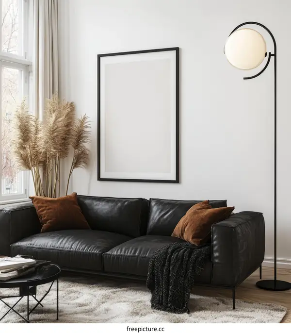 Modern Living Room Interior Design with Black Leather Sofa