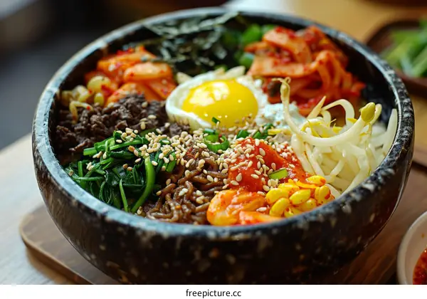 Korean Bibimbap with Sunny Side Up Egg and Kimchi