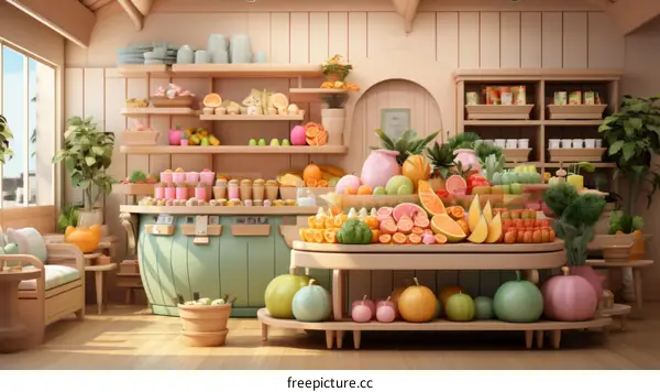 A colorful grocery store filled with fruits and vegetables
