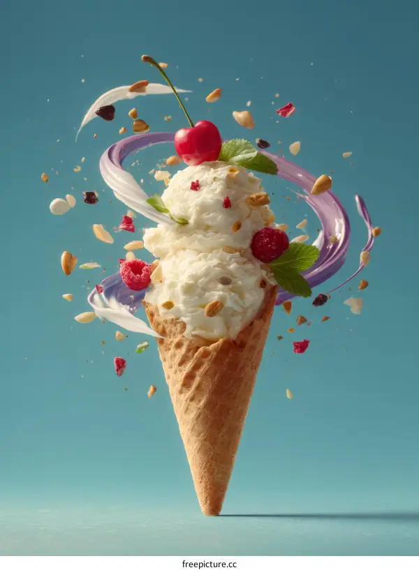 Ice Cream Cone with Flying Toppings
