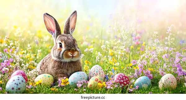 Adorable Easter Bunny in a Floral Meadow with Eggs