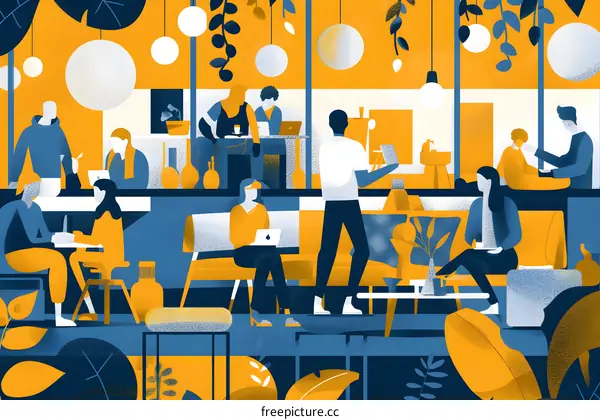 Modern Office Illustration with Diverse People Working and Relaxing