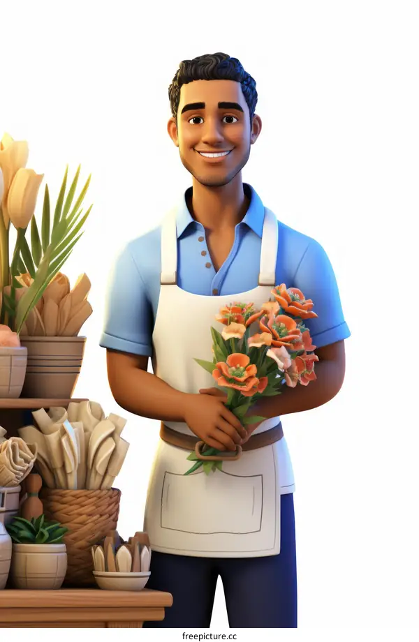 A smiling man holding a bouquet of orange flowers
