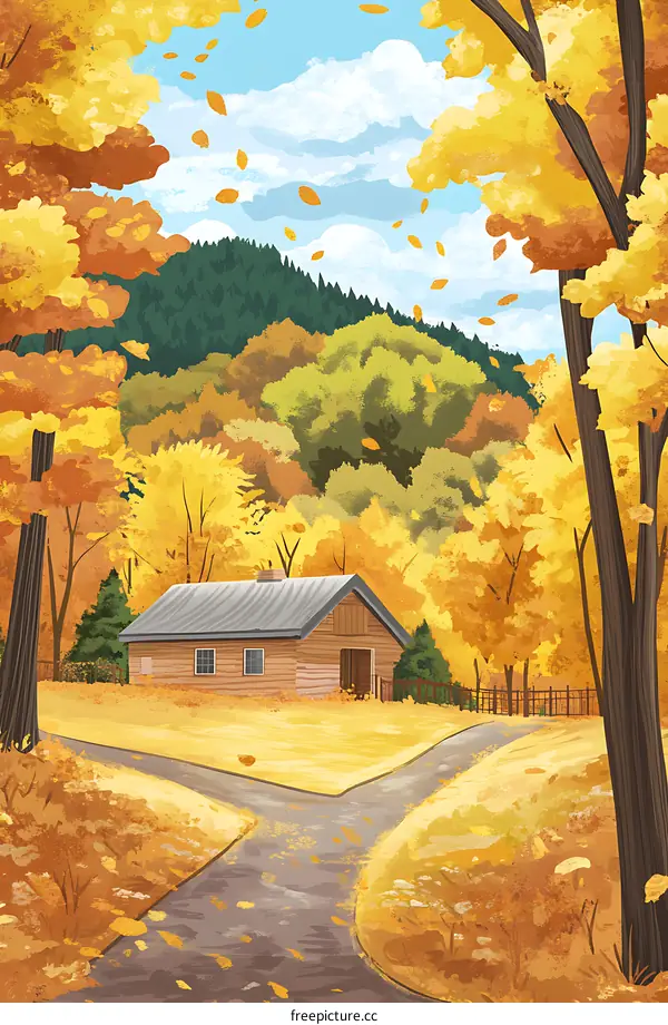 Autumn Landscape with a Cabin and Two Roads
