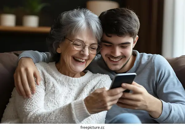Grandmother and Grandson Sharing a Mobile Phone Moment