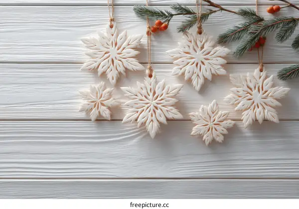 Elegant Christmas Snowflake Ornaments on White Wooden Background