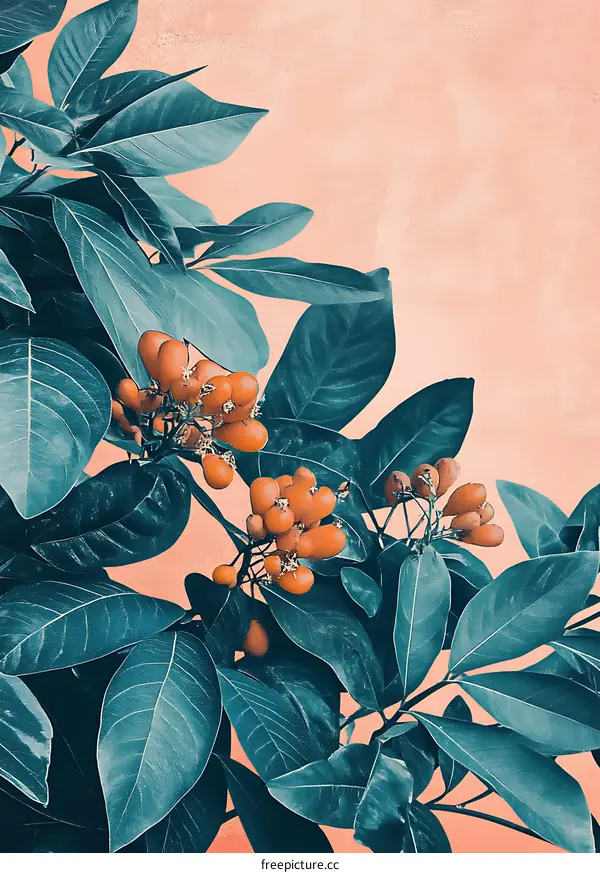 Green Leaves and Orange Berries Against a Peach Wall