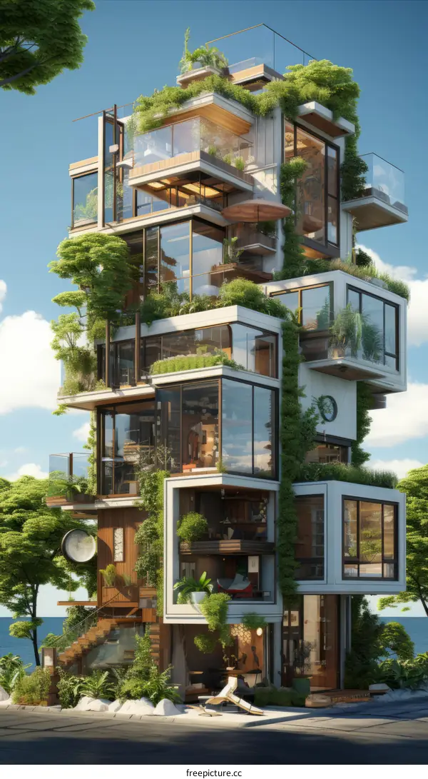 The green and modern apartment building is full of plants.