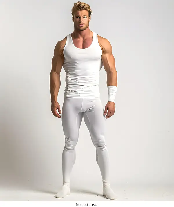Muscular Man in White Tank Top and Tights Standing in Front of a White Background