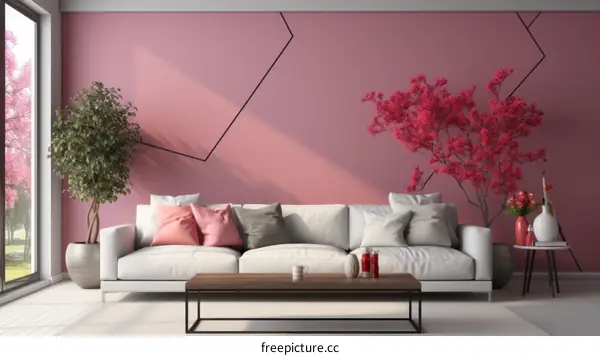 Minimalist White Living Room With Stylish Interior and Red Plant