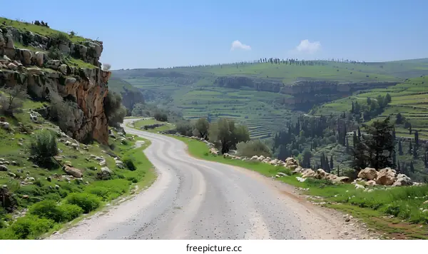 A dirt road winds through a valley in the countryside of Syria