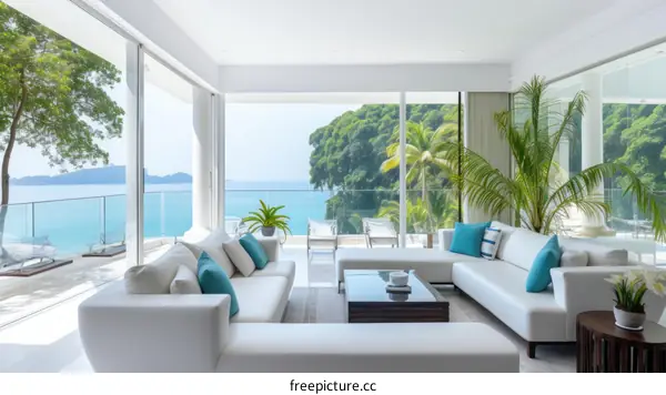 Modern bright living room with white sofas and blue pillows with amazing sea view