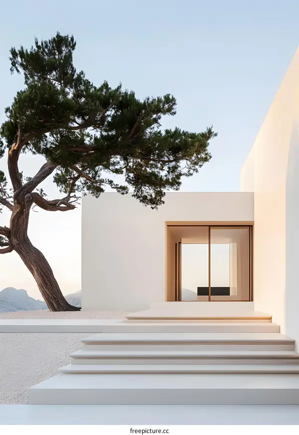 Modern Minimalist White House Entrance with a Pine Tree