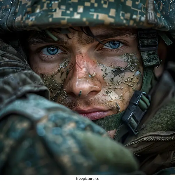 Portrait of a young soldier with blue eyes and mud on his face