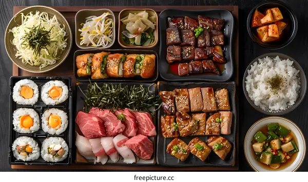 Japanese Food Platter with Sushi, Meat, and Sides